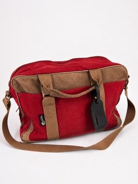 Vintage Athalon Denver USA Red Canvas Bag Tan Leather Suede Trim Duffle Travel